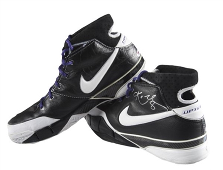 Kobe Bryant Pair of Signed Black & Purple Nike Uptempo Basketball Sneakers